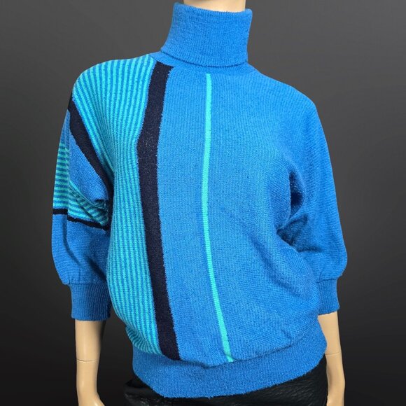 Vintage 80s Blue Striped Sweater Size M Dolman Sleeve Turtleneck New Wave - Picture 1 of 10
